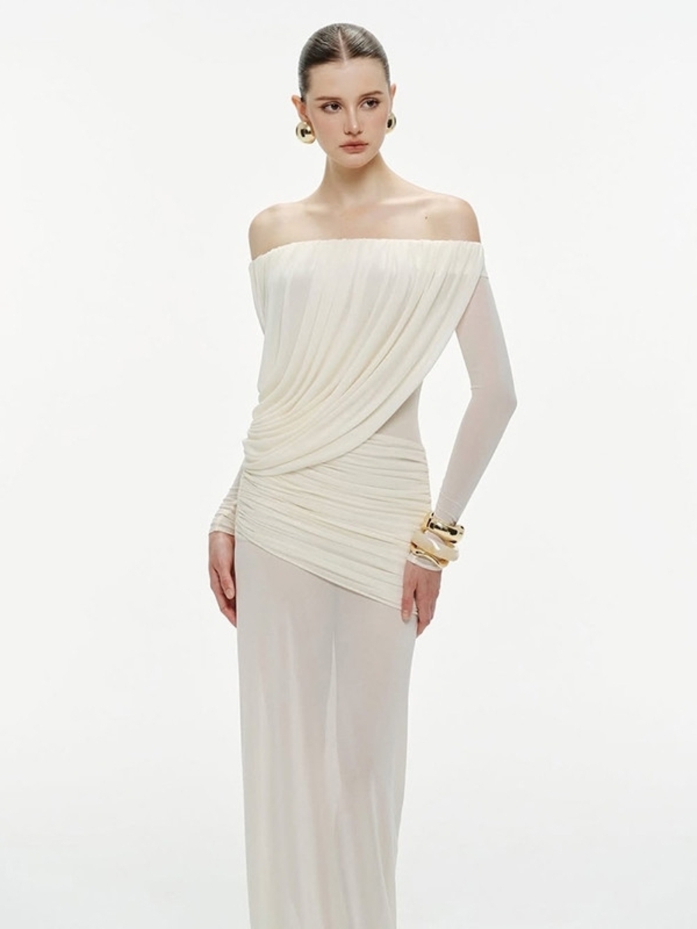 Backless Elegant Sexy Woman Mesh      Off-Shoulder Draped Cream Evening Dress